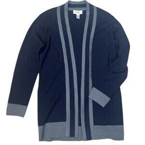 Talbots Merino Wool Open Cardigan Sweater Womens Small Petite Navy Grey Nautical